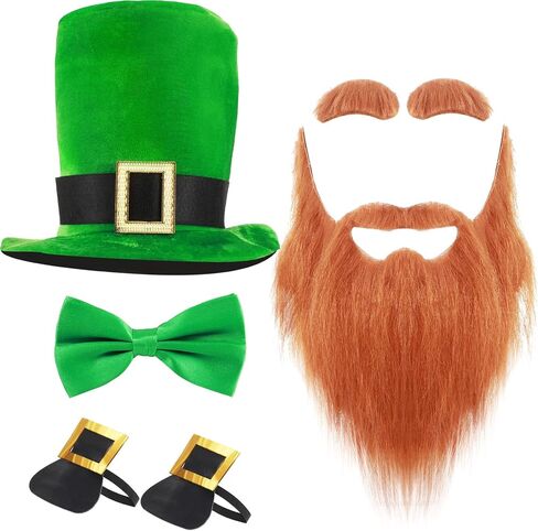 Tigeen 4 Pcs St. Patrick's Day Green Leprechaun Costume, Include Leprechaun Hat Long Fake Beards Mustaches with Eyebrows Stick Pre Tied Tuxedo Bow Tie Shoe Buckles for Adult Men Women Party Supplies in Saudi Arabia