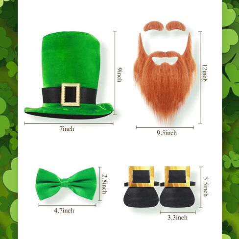 Tigeen 4 Pcs St. Patrick's Day Green Leprechaun Costume, Include Leprechaun Hat Long Fake Beards Mustaches with Eyebrows Stick Pre Tied Tuxedo Bow Tie Shoe Buckles for Adult Men Women Party Supplies in Saudi Arabia