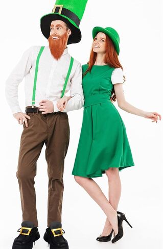Tigeen 4 Pcs St. Patrick's Day Green Leprechaun Costume, Include Leprechaun Hat Long Fake Beards Mustaches with Eyebrows Stick Pre Tied Tuxedo Bow Tie Shoe Buckles for Adult Men Women Party Supplies in Saudi Arabia