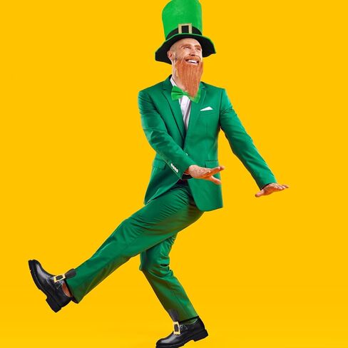 Tigeen 4 Pcs St. Patrick's Day Green Leprechaun Costume, Include Leprechaun Hat Long Fake Beards Mustaches with Eyebrows Stick Pre Tied Tuxedo Bow Tie Shoe Buckles for Adult Men Women Party Supplies in Saudi Arabia