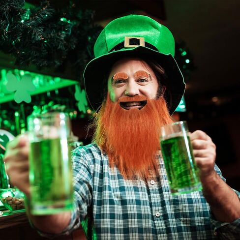 Tigeen 4 Pcs St. Patrick's Day Green Leprechaun Costume, Include Leprechaun Hat Long Fake Beards Mustaches with Eyebrows Stick Pre Tied Tuxedo Bow Tie Shoe Buckles for Adult Men Women Party Supplies in Saudi Arabia