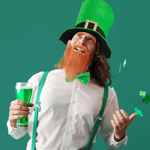 Tigeen 4 Pcs St. Patrick's Day Green Leprechaun Costume, Include Leprechaun Hat Long Fake Beards Mustaches with Eyebrows Stick Pre Tied Tuxedo Bow Tie Shoe Buckles for Adult Men Women Party Supplies in Saudi Arabia
