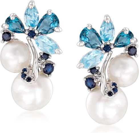 Ross-Simons 6-8.5mm Cultured Pearl and 2.00 ct. t.w. Sky Blue Topaz and London Blue Topaz Earrings With .10 ct. t.w. Sapphires in Sterling Silver in Saudi Arabia