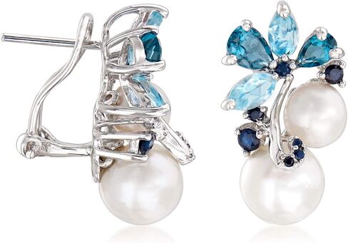 Ross-Simons 6-8.5mm Cultured Pearl and 2.00 ct. t.w. Sky Blue Topaz and London Blue Topaz Earrings With .10 ct. t.w. Sapphires in Sterling Silver in Saudi Arabia