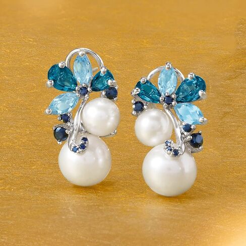 Ross-Simons 6-8.5mm Cultured Pearl and 2.00 ct. t.w. Sky Blue Topaz and London Blue Topaz Earrings With .10 ct. t.w. Sapphires in Sterling Silver in Saudi Arabia