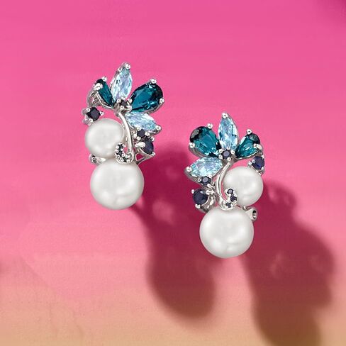 Ross-Simons 6-8.5mm Cultured Pearl and 2.00 ct. t.w. Sky Blue Topaz and London Blue Topaz Earrings With .10 ct. t.w. Sapphires in Sterling Silver in Saudi Arabia