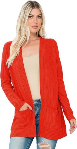كارديجان كلاسيكي مفتوح بأكمام طويلة - شال جيب مريح وخفيف الوزن، ملابس خارجية منقوشة بنقشة الجاموس، زهور، سادة in Saudi Arabia
