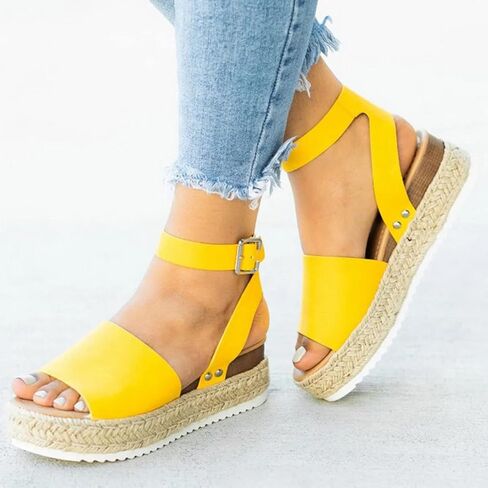 DevilAngel Women's Topic Open Toe Buckle Ankle Strap Espadrilles Flatform Synthetic Summer Casual Wedges Sandals in Saudi Arabia