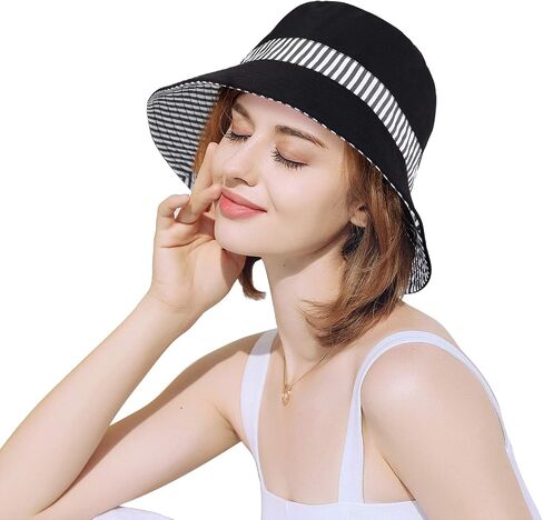 DOCILA Reversible Stripe Print Bucket Hat for Women Large Brim Packable Sun Visors Casual Cotton Fisherman Caps with Strings in Saudi Arabia