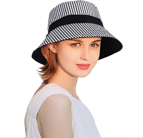 DOCILA Reversible Stripe Print Bucket Hat for Women Large Brim Packable Sun Visors Casual Cotton Fisherman Caps with Strings in Saudi Arabia
