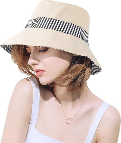 DOCILA Reversible Stripe Print Bucket Hat for Women Large Brim Packable Sun Visors Casual Cotton Fisherman Caps with Strings in Kuwait