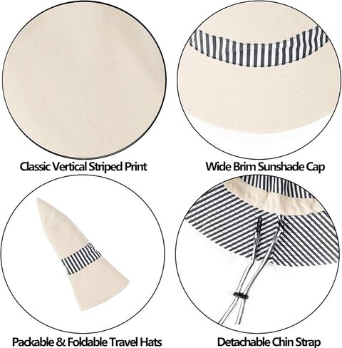 DOCILA Reversible Stripe Print Bucket Hat for Women Large Brim Packable Sun Visors Casual Cotton Fisherman Caps with Strings in Kuwait