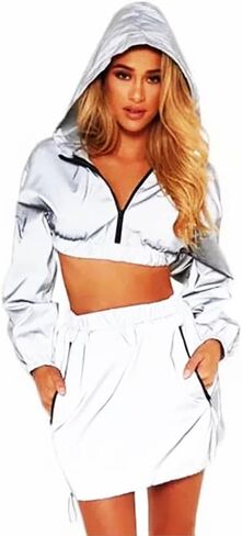 Sun.YG Reflective Crop Top With Hooded Reflective Skirt Holographic Rave Two Pieces Rave Outfits in Saudi Arabia