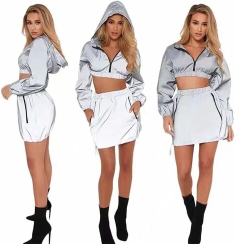 Sun.YG Reflective Crop Top With Hooded Reflective Skirt Holographic Rave Two Pieces Rave Outfits in Saudi Arabia