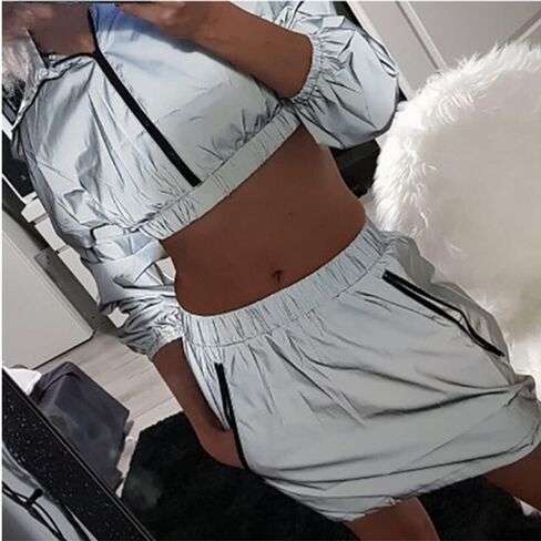 Sun.YG Reflective Crop Top With Hooded Reflective Skirt Holographic Rave Two Pieces Rave Outfits in Saudi Arabia