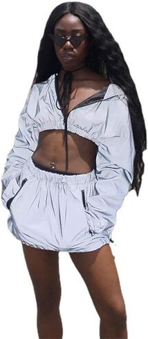Sun.YG Reflective Crop Top With Hooded Reflective Skirt Holographic Rave Two Pieces Rave Outfits in Saudi Arabia