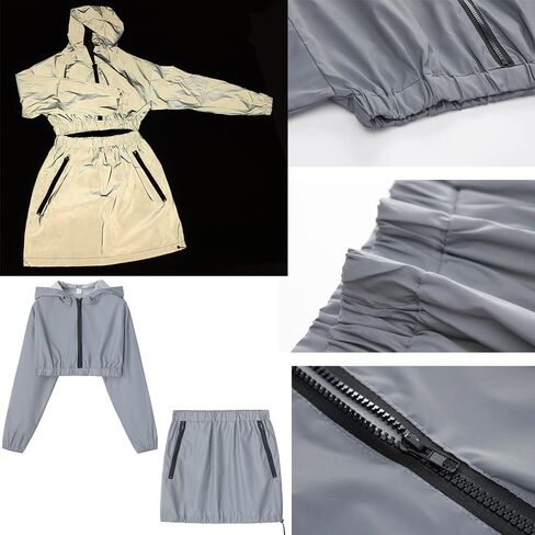 Sun.YG Reflective Crop Top With Hooded Reflective Skirt Holographic Rave Two Pieces Rave Outfits in Saudi Arabia