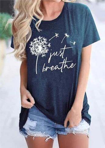 Just Breathe Dandelion T-Shirt for Women Dandelion Graphic Tees Short Sleeve Christian Shirts Tops in Saudi Arabia