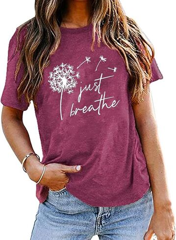 Just Breathe Dandelion T-Shirt for Women Dandelion Graphic Tees Short Sleeve Christian Shirts Tops in Saudi Arabia