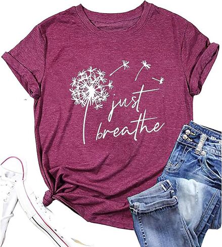 Just Breathe Dandelion T-Shirt for Women Dandelion Graphic Tees Short Sleeve Christian Shirts Tops in Saudi Arabia
