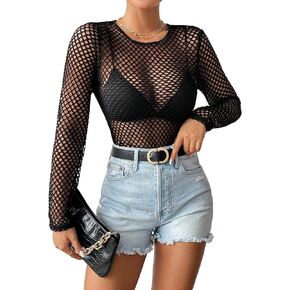GORGLITTER Women's Sheer Fishnet Mesh Hollow Out Tee Top Long Sleeve Round Neck Shirt
