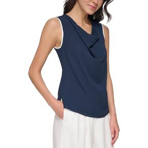 بلوزة DKNY بدون أكمام وياقة على شكل قلنسوة مع حافة كلاسيكية باللونين الأزرق الداكن/الكتان الأبيض LG in Kuwait