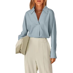 Prettywear 2024 بلوزة عمل نسائية طويلة الأكمام بياقة على شكل V قمصان عمل مكتبية أنيقة ملابس علوية فضفاضة غير رسمية in Kuwait
