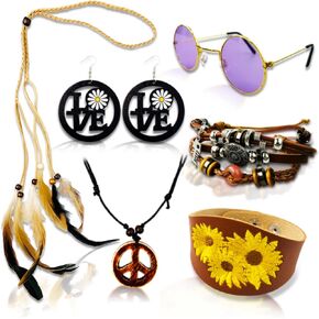 ARK Survivor 6 Pcs. Hippie Accessory Set for Women Retro Accessories Feather Headband Peace Love Earrings, Boho Bracelets, 60s 70s Accessories in Kuwait