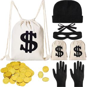 يارمومو مجموعة زي تنكري للسارق، تتضمن 100 قطعة من العملات المعدنية الذهبية البلاستيكية وحقيبة قماش، مجموعة زي لص السارق للهالوين والحفلات التنكرية بطابع اللص in Kuwait