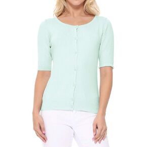 YEMAK Women's Knit Cardigan Sweater – Short Half Sleeve Crewneck Basic Classic Casual Button Down Soft Lightweight Top