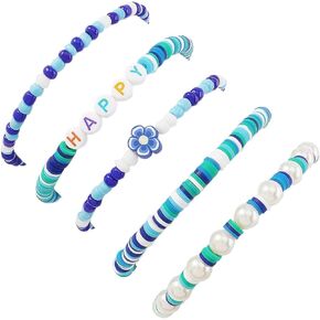 5Pcs Bohemian Inspiration Word Heishi Vinyl Disc Beaded Bracelet Set for Women Girl Teen Tai Chi Flower Imitation Pearl Soft Clay Stretchy Stackable Bracelet Summer Beach Surfing Jewelry in Kuwait