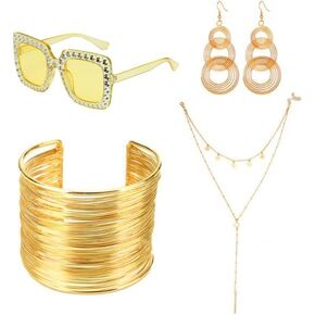 مجموعة اكسسوارات ديسكو ذهبية من السبعينيات، مجموعة مجوهرات تنكرية بدون اطار بقطع ماسي ونظارة شمسية مزينة بالترتر وشريط راس بطبقات وقلادة واقراط ديسكو واساور واساور حلقية واسوار، ذهبي، ذهبي in Kuwait