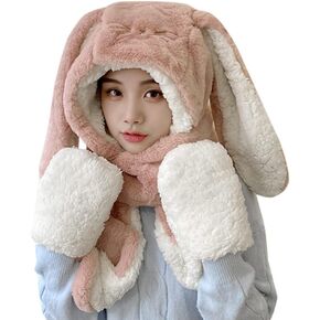 Women Hoodie Hat Scarf Gloves Mitten Set Winter Warm 3 in 1 Plush Hoodie Hat Soft Cute Knitted Long Hooded Cap Gloves Scarf