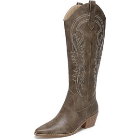 Amoji Women Western Cowboy Boots Pointed Toe Cowgirl Knee High Boots Pull On With Zipper 307