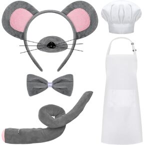 JieyueJewelry 5 قطع من إكسسوارات أزياء الفأر ومجموعة قبعة مريلة الشيف وعصابة رأس الفأر وذيل قبعة الشيف وجيب المطبخ للبالغين ومريلة قابلة للتعديل مع قبعة الجزار زي الخباز للأطفال الصغار والأطفال in Kuwait