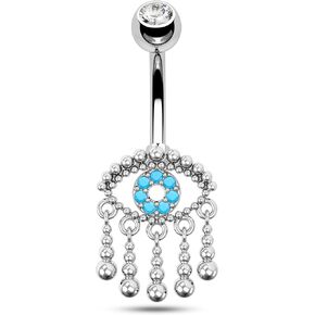 COCHARM Evil Eye Belly Button Rings Dangling Belly Rings Gold Silver Cute Tassel Belly Rings 14g Blue Turquoise Eye Belly Button Ring Stainless Steel Navel Piercing For Women