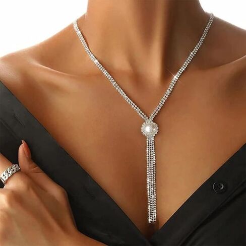 Nicute Rhinestone Y-Necklaces Crystal Long Choker Chain with Pearl Party Choker Necklaces Jewelry for Women and Girls in Kuwait