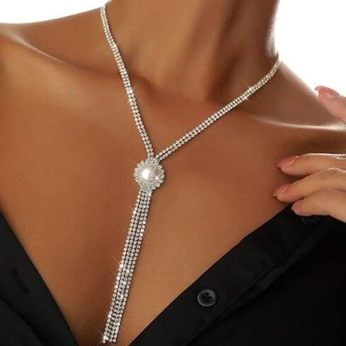 Nicute Rhinestone Y-Necklaces Crystal Long Choker Chain with Pearl Party Choker Necklaces Jewelry for Women and Girls in Kuwait