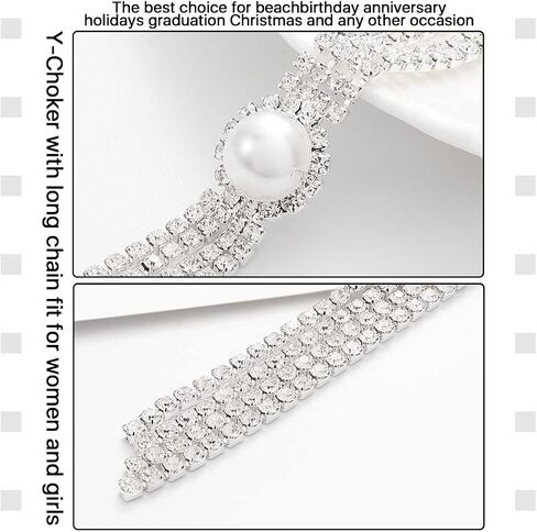 Nicute Rhinestone Y-Necklaces Crystal Long Choker Chain with Pearl Party Choker Necklaces Jewelry for Women and Girls in Kuwait
