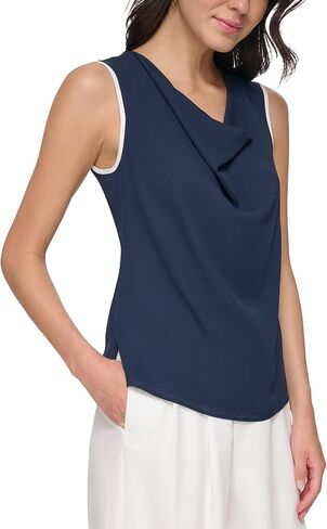 بلوزة DKNY بدون أكمام وياقة على شكل قلنسوة مع حافة كلاسيكية باللونين الأزرق الداكن/الكتان الأبيض LG in Kuwait