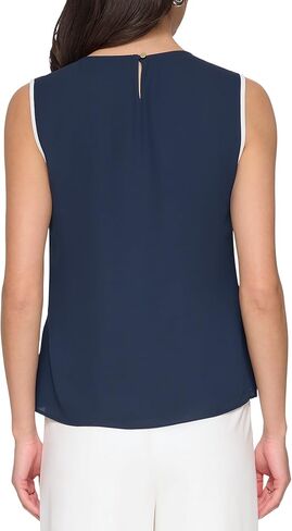 بلوزة DKNY بدون أكمام وياقة على شكل قلنسوة مع حافة كلاسيكية باللونين الأزرق الداكن/الكتان الأبيض LG in Kuwait