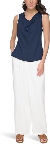 بلوزة DKNY بدون أكمام وياقة على شكل قلنسوة مع حافة كلاسيكية باللونين الأزرق الداكن/الكتان الأبيض LG in Kuwait