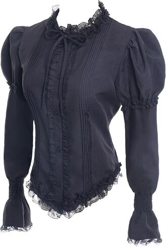 Vibsion Victorian Blouse for Women Vintage Lace Ruffle Neck Puff Long Sleeve Shirt Tops in Saudi Arabia