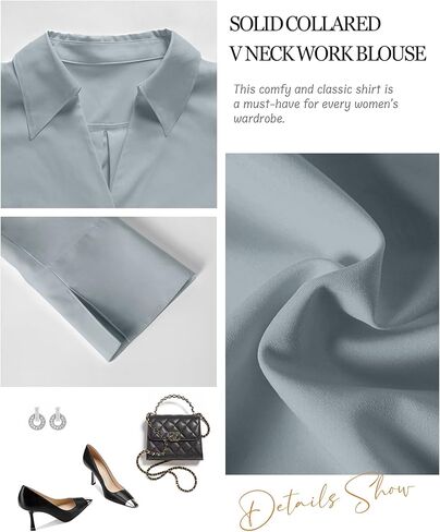 Prettywear 2024 بلوزة عمل نسائية طويلة الأكمام بياقة على شكل V قمصان عمل مكتبية أنيقة ملابس علوية فضفاضة غير رسمية in Kuwait