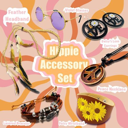 ARK Survivor 6 Pcs. Hippie Accessory Set for Women Retro Accessories Feather Headband Peace Love Earrings, Boho Bracelets, 60s 70s Accessories in Kuwait