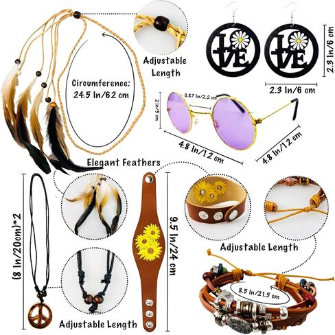 ARK Survivor 6 Pcs. Hippie Accessory Set for Women Retro Accessories Feather Headband Peace Love Earrings, Boho Bracelets, 60s 70s Accessories in Kuwait