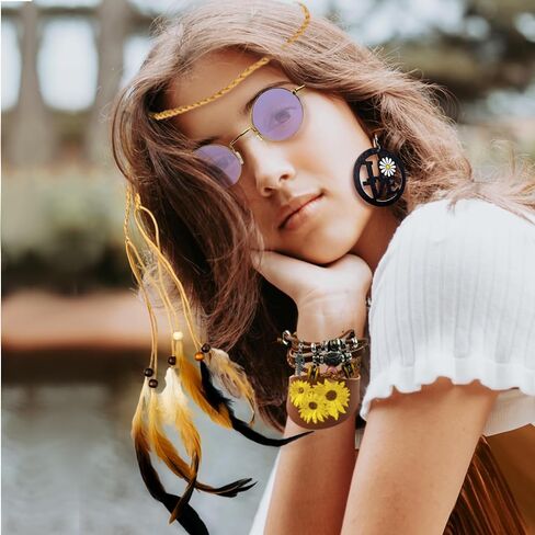 ARK Survivor 6 Pcs. Hippie Accessory Set for Women Retro Accessories Feather Headband Peace Love Earrings, Boho Bracelets, 60s 70s Accessories in Kuwait
