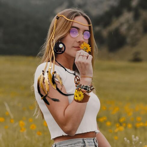 ARK Survivor 6 Pcs. Hippie Accessory Set for Women Retro Accessories Feather Headband Peace Love Earrings, Boho Bracelets, 60s 70s Accessories in Kuwait