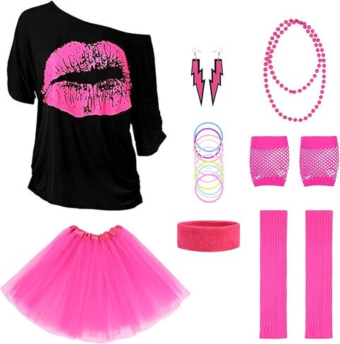 AOMIG 80s Costume Accessories Set for Women, Necklace Fishnet Gloves T-shirt Tutu 80s Party Birthday Costume Accessories in Kuwait