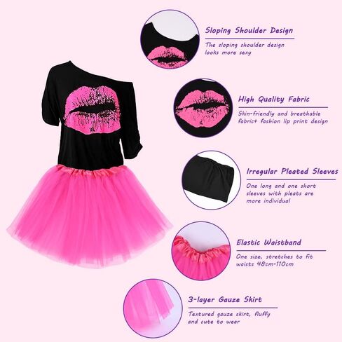 AOMIG 80s Costume Accessories Set for Women, Necklace Fishnet Gloves T-shirt Tutu 80s Party Birthday Costume Accessories in Kuwait